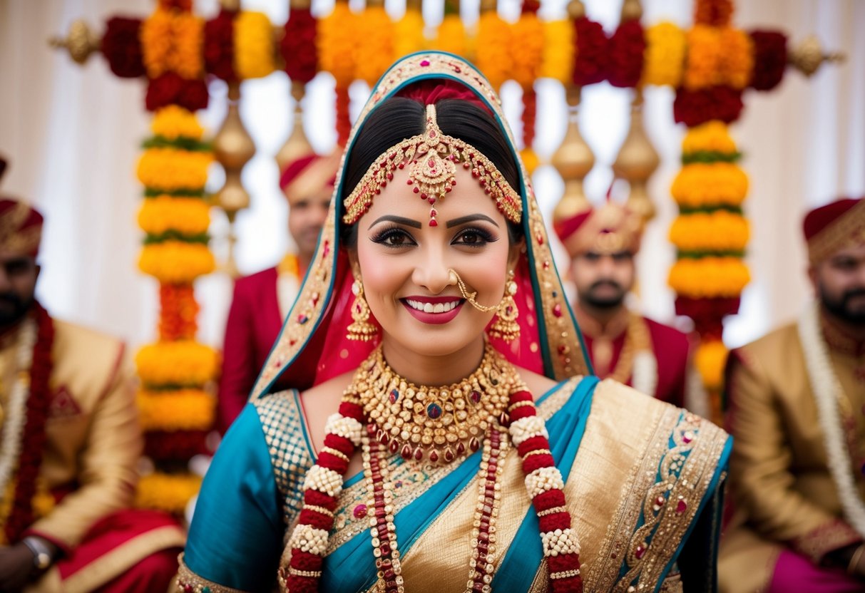 A traditional Indian wedding setting with vibrant colors, intricate decorations, and ornate jewelry