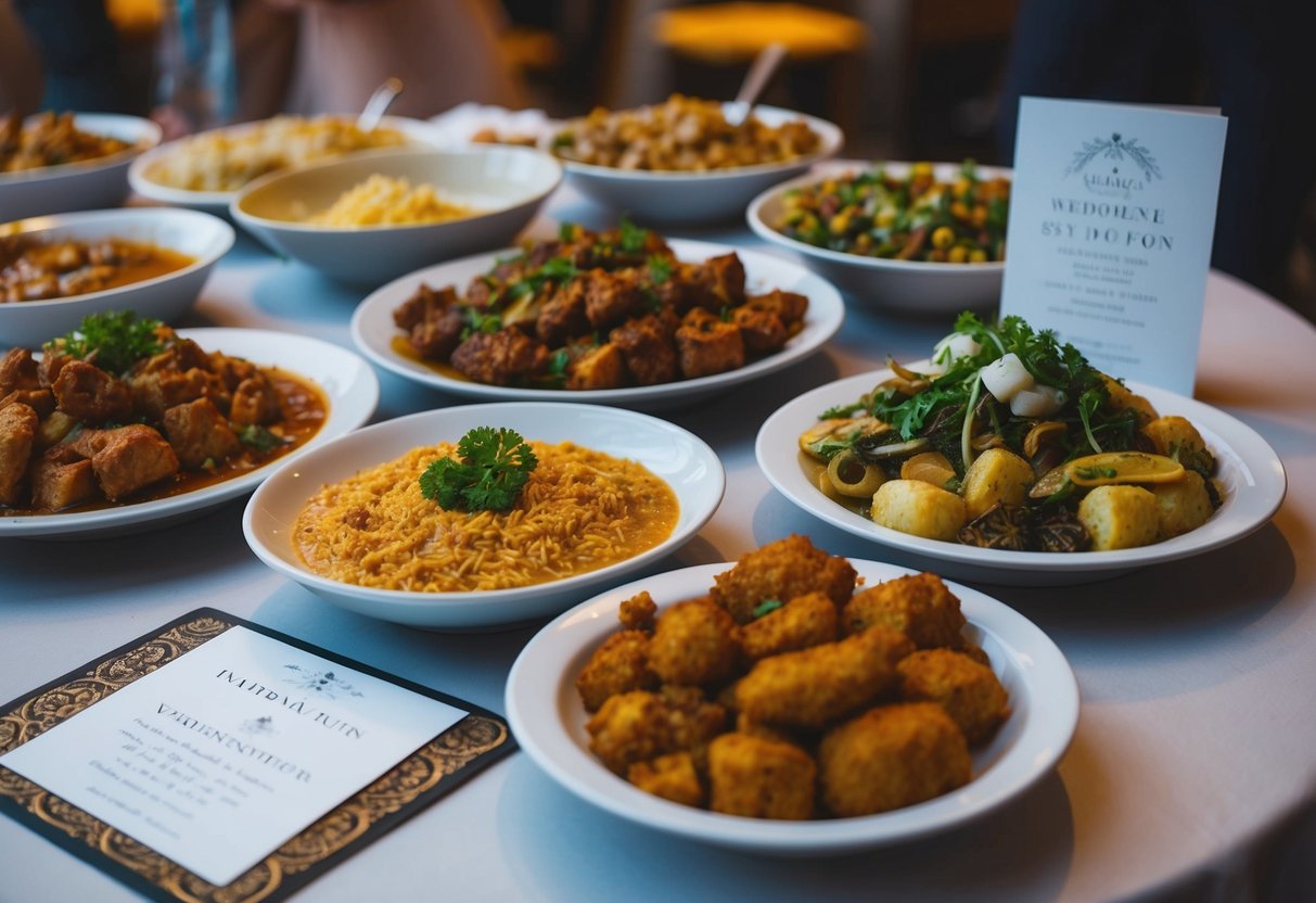 A table with a variety of foods, including greasy, spicy, and garlic-heavy dishes. A wedding invitation sits nearby