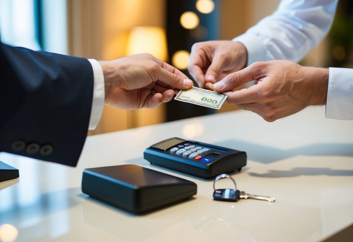 A man places cash on a hotel reception desk. A key card is handed to him in exchange