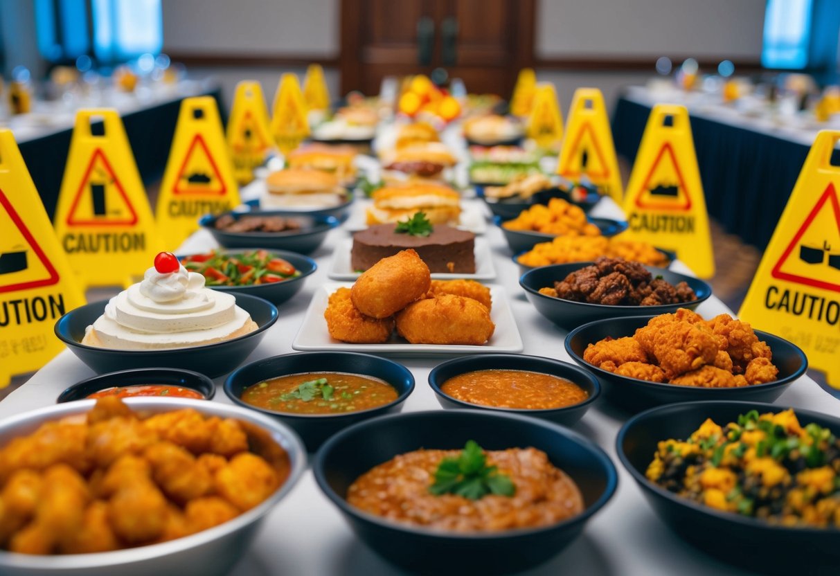 A banquet table with a variety of foods, including sugary desserts, greasy fried foods, and spicy dishes, surrounded by caution signs