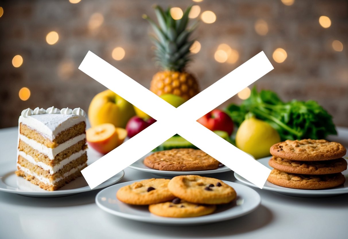 A table with cakes, cookies, and fried foods crossed out. Fruits and vegetables are highlighted