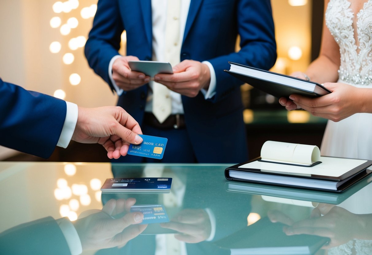 A groom's hand places a credit card on a hotel reception desk, while a bride's hand holds a wedding planner book nearby