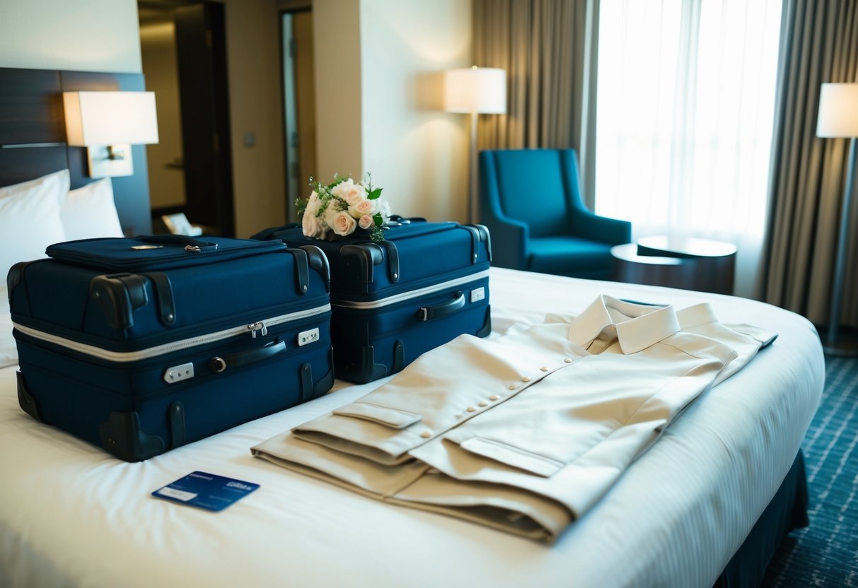 A couple's luggage and wedding attire laid out in a hotel room, with a credit card and receipt on the bedside table