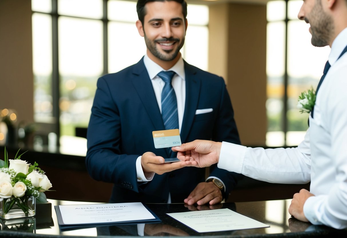 A man handing over a credit card to the hotel receptionist, with a wedding invitation on the counter