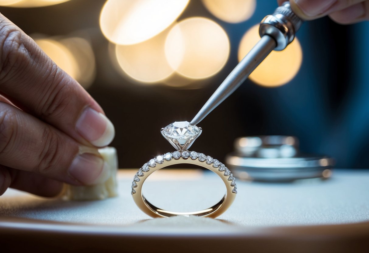 A jeweler carefully selects and weighs a sparkling diamond before setting it into a delicate, shining band