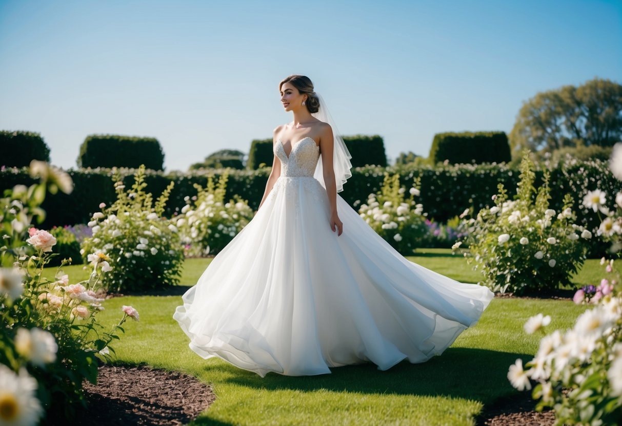 A bride in a flowing white gown stands in a sunlit garden, surrounded by blooming flowers and a clear blue sky