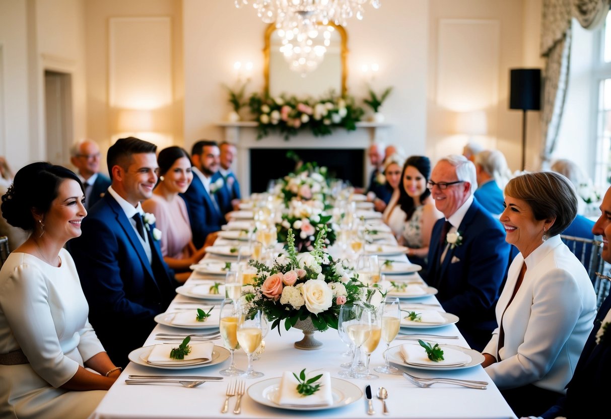 A beautifully set table with elegant place settings and floral centerpieces, surrounded by happy guests enjoying a leisurely wedding breakfast