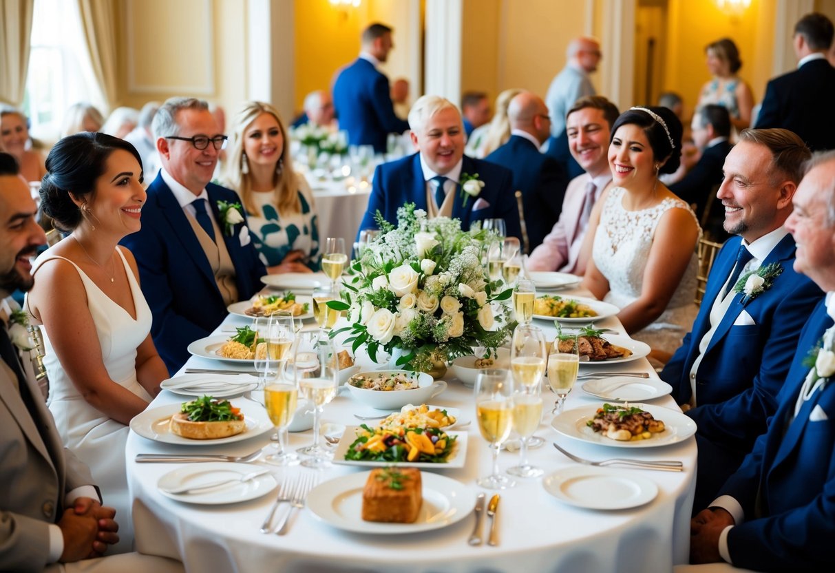 A beautifully set table with elegant place settings and a variety of food options, surrounded by happy guests chatting and enjoying the wedding breakfast
