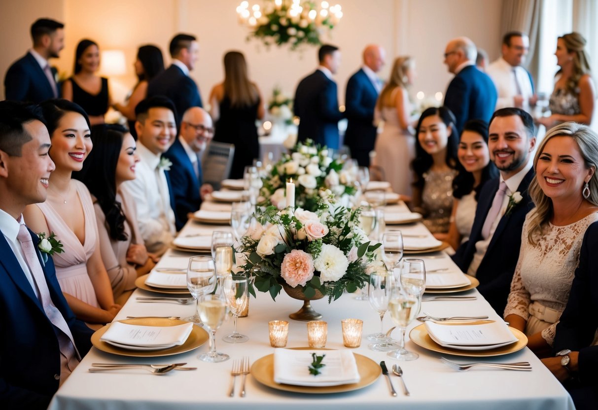 A table set with elegant dinnerware and floral centerpieces, surrounded by happy guests mingling and enjoying the wedding welcome dinner