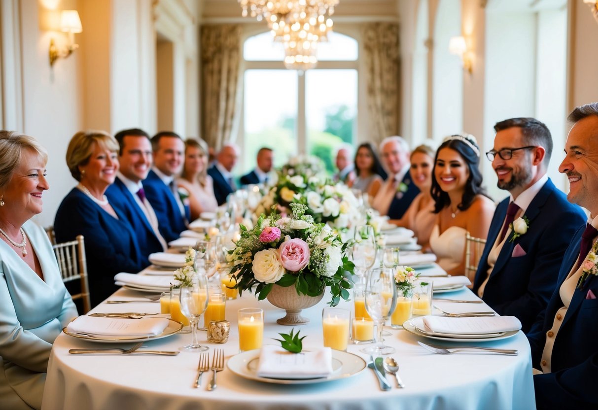 A beautifully set table with elegant place settings and floral centerpieces, surrounded by happy guests enjoying a leisurely wedding breakfast
