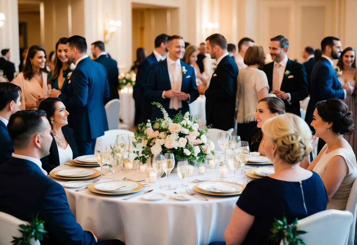 A table set with elegant dinnerware and floral centerpieces, surrounded by guests mingling and chatting in a luxurious reception hall