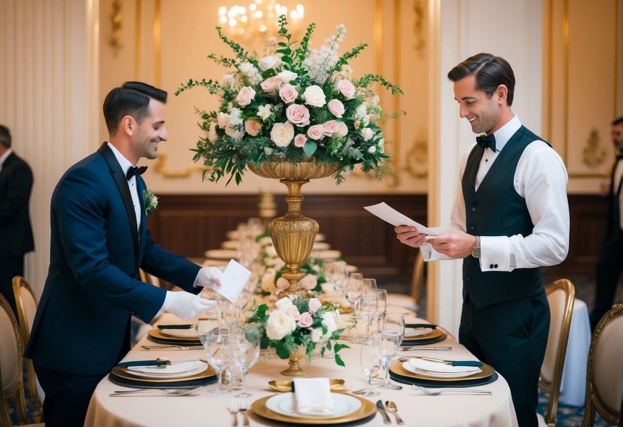 A lavish table set with elegant place settings and a grand floral centerpiece. A waiter presents a bill to the host, who graciously takes care of the payment