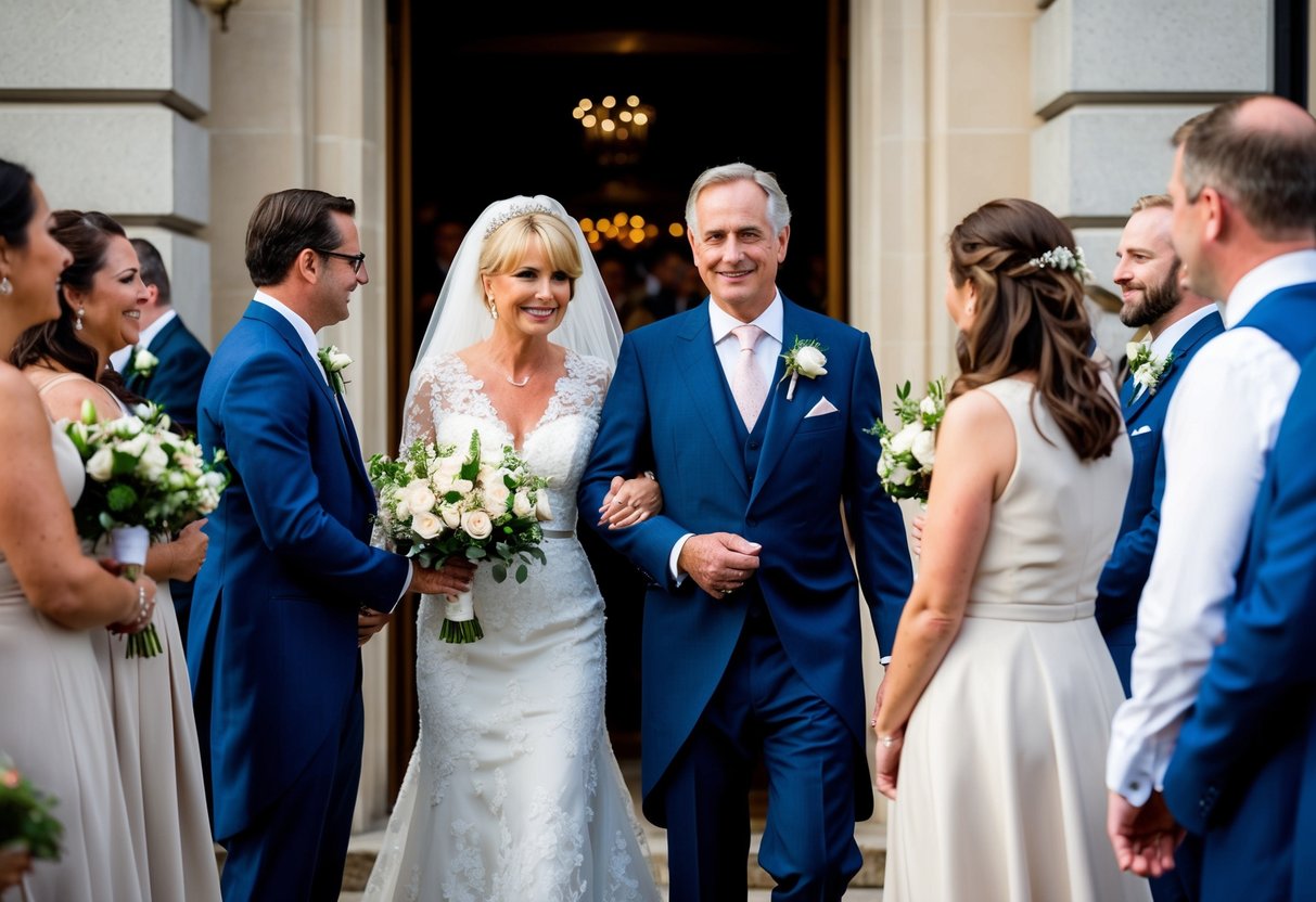 The mother of the bride arrives with her husband and is greeted by the wedding party