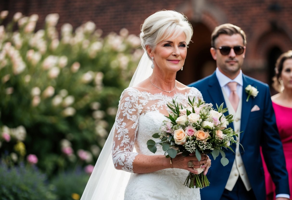 A mother of the bride arrives with a bouquet of flowers