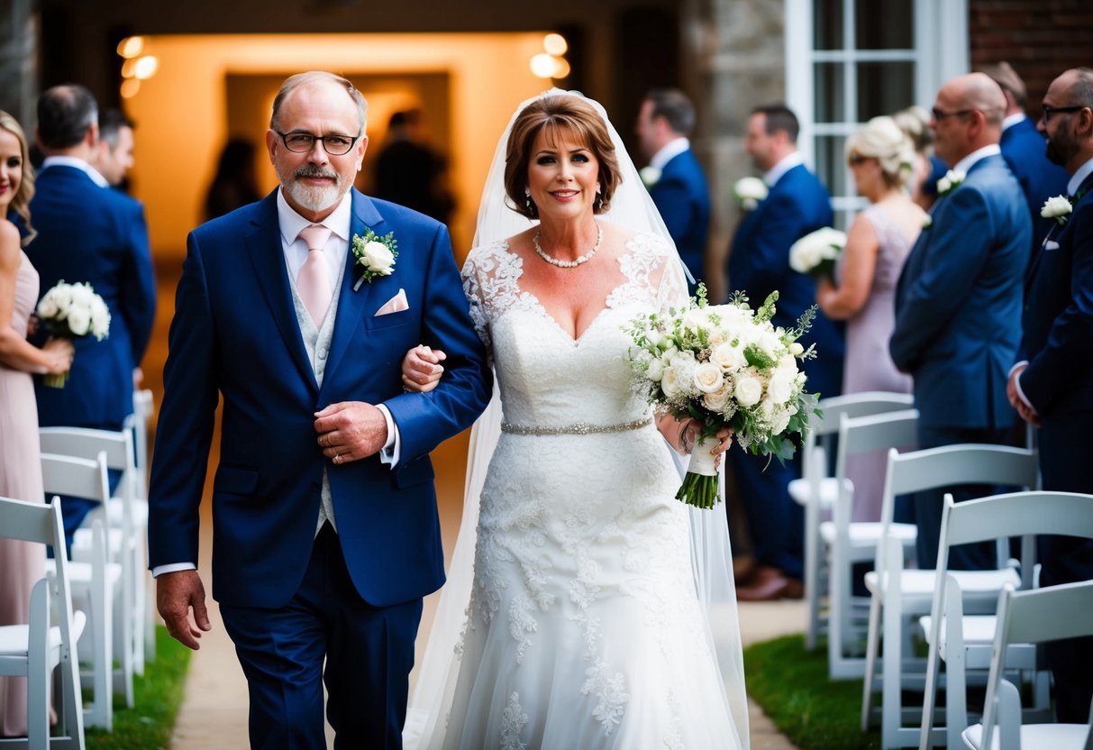 The mother of the bride arrives with the groom's father, walking together towards the ceremony venue
