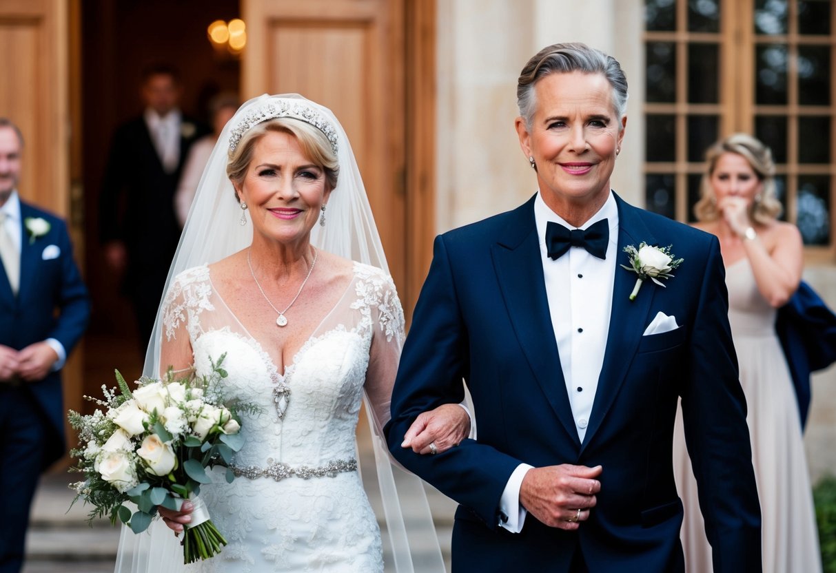 The mother of the bride arrives with her husband, both elegantly dressed in formal attire, exuding confidence and grace