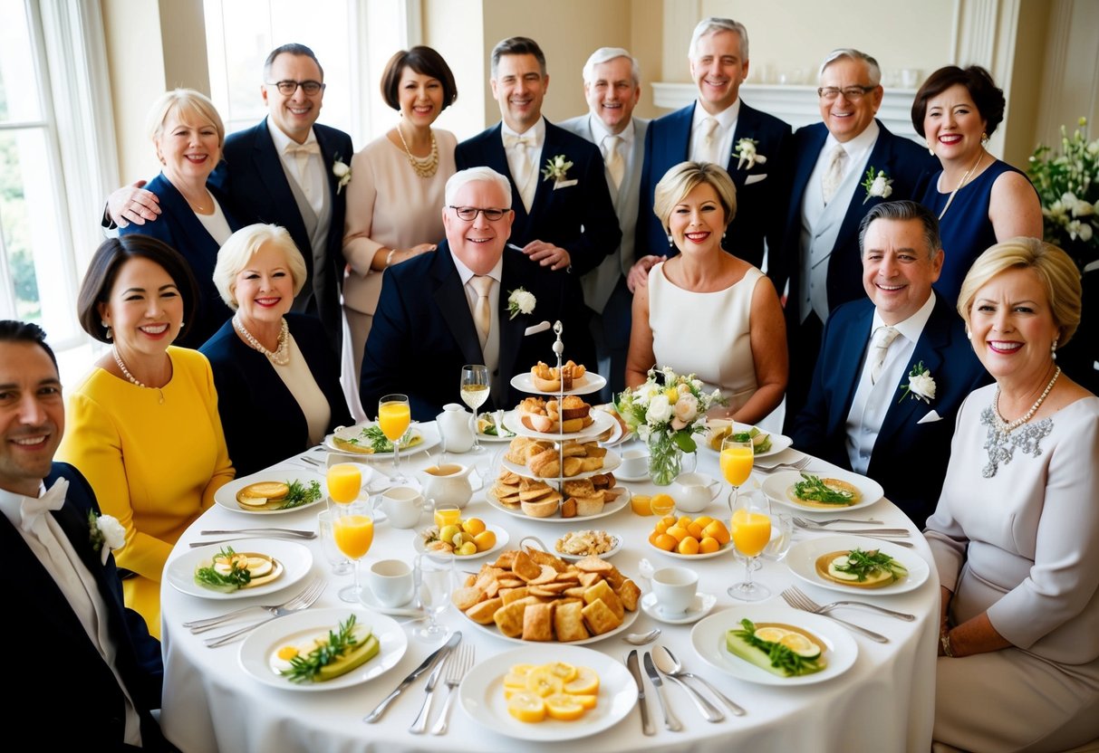 A table set with elegant place settings and a spread of breakfast foods, surrounded by joyful guests in formal attire