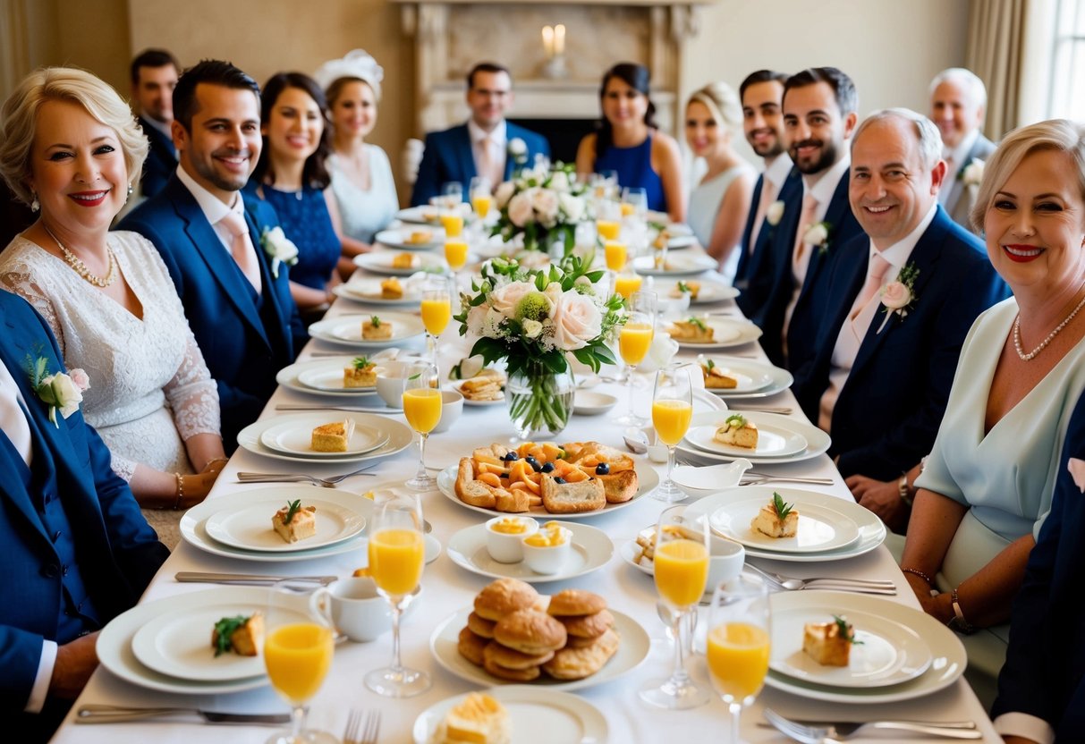 A beautifully set table with elegant place settings and a spread of breakfast foods, surrounded by happy wedding guests