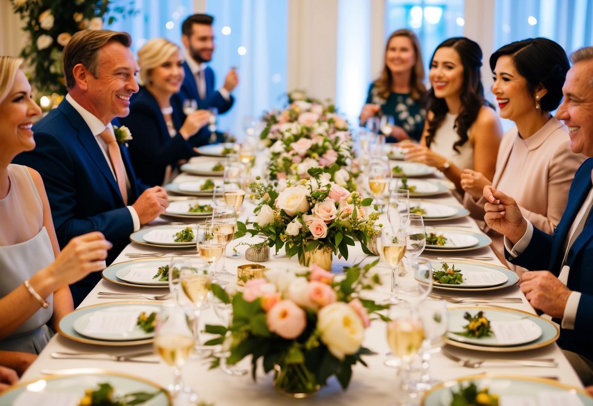 A beautifully set table with elegant place settings and floral centerpieces, surrounded by happy guests chatting and enjoying a delicious meal
