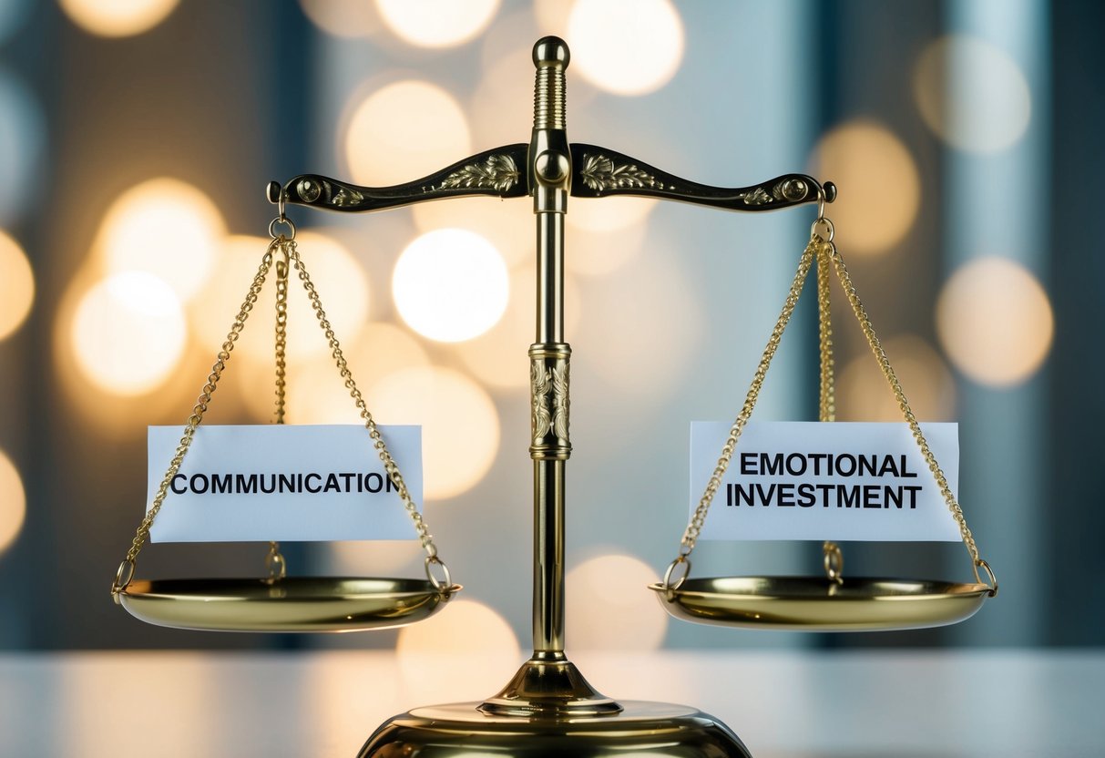 A scale with two sides, one labeled "Communication" and the other "Emotional Investment," perfectly balanced in the middle