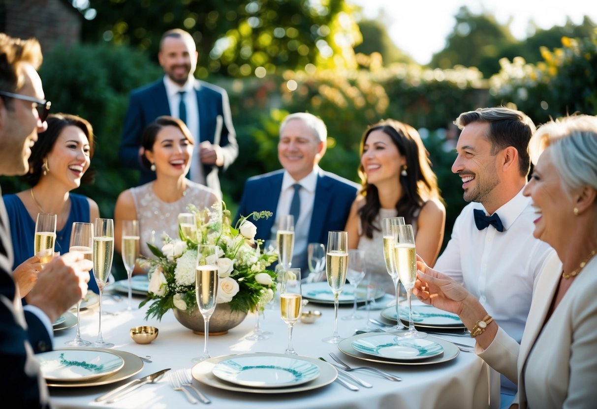 A table set with elegant dishes and champagne flutes, surrounded by joyful guests chatting and laughing in a sunlit garden