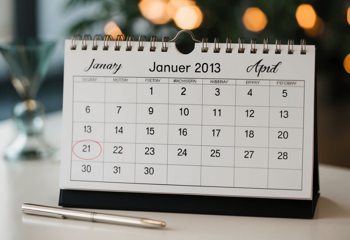 A calendar with the date of the wedding circled and marked five months prior