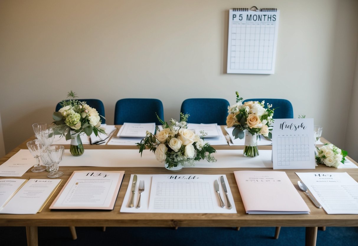 A table covered with wedding planning materials, including invitations, flowers, and a checklist. A calendar on the wall shows the date five months before the wedding