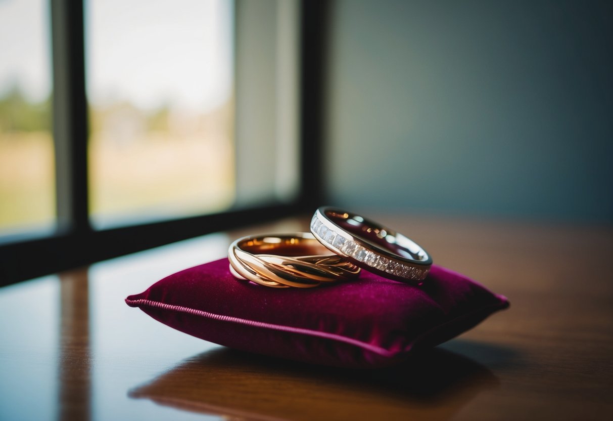 Three intertwined wedding bands rest on a velvet cushion, reflecting soft light from a nearby window