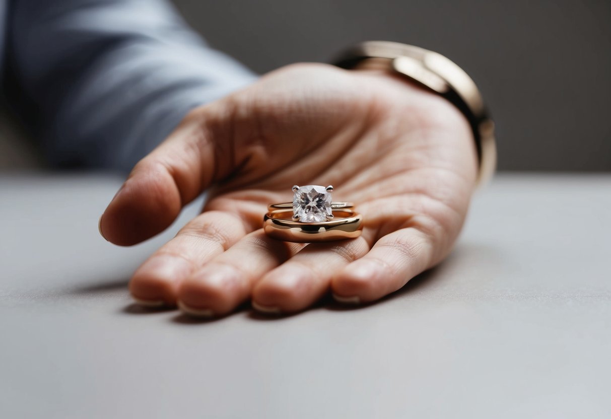 A hand holding a diamond engagement ring and a simple gold wedding band side by side on a smooth, neutral surface