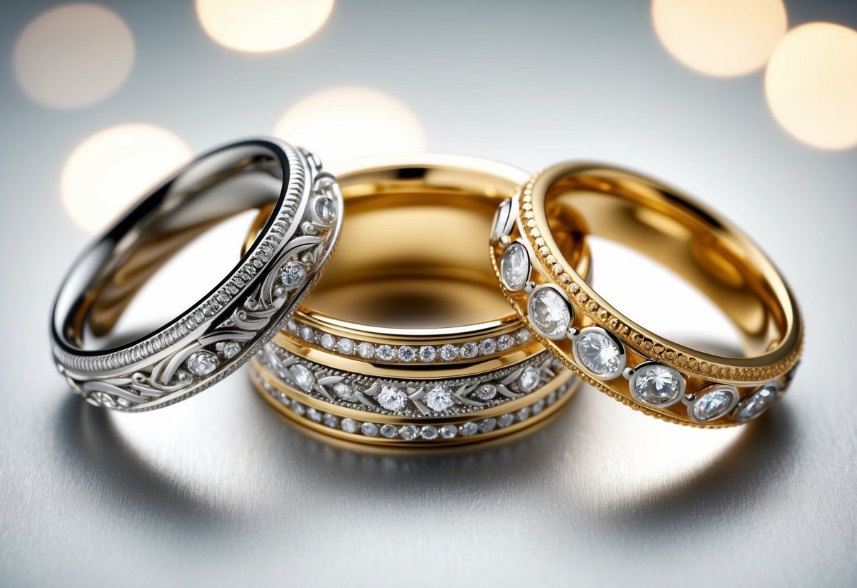 Three intertwined wedding bands with intricate embellishments and varying materials, symbolizing unity and strength