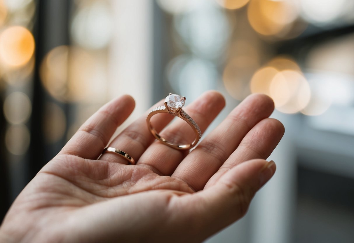 A hand holding both an engagement ring and a simple wedding band, with a thoughtful expression