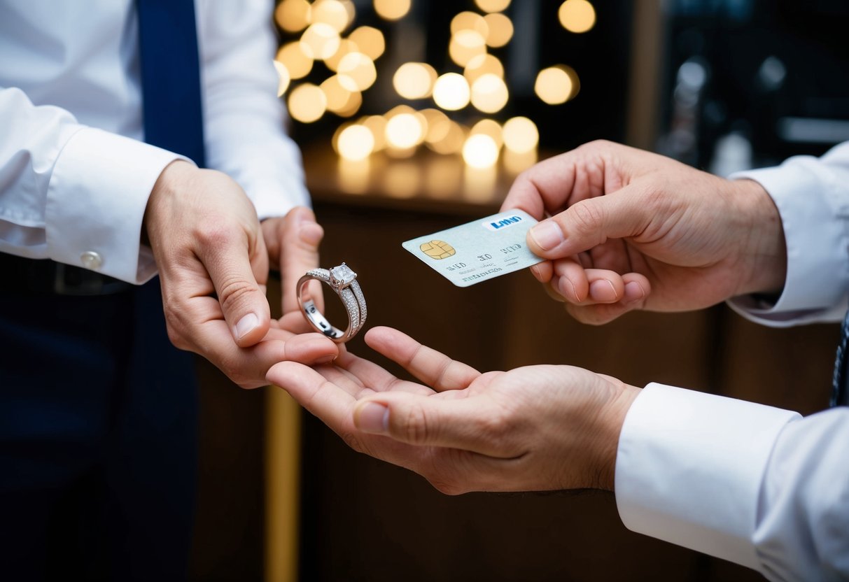 A groom's hand holds out a wedding band, while a jeweler's hand accepts payment