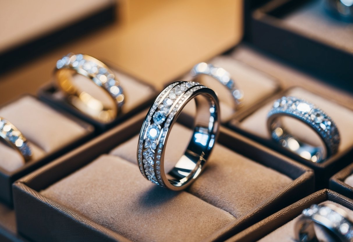 A handcrafted wedding band displayed on a velvet cushion in a jewelry store, surrounded by other sparkling rings
