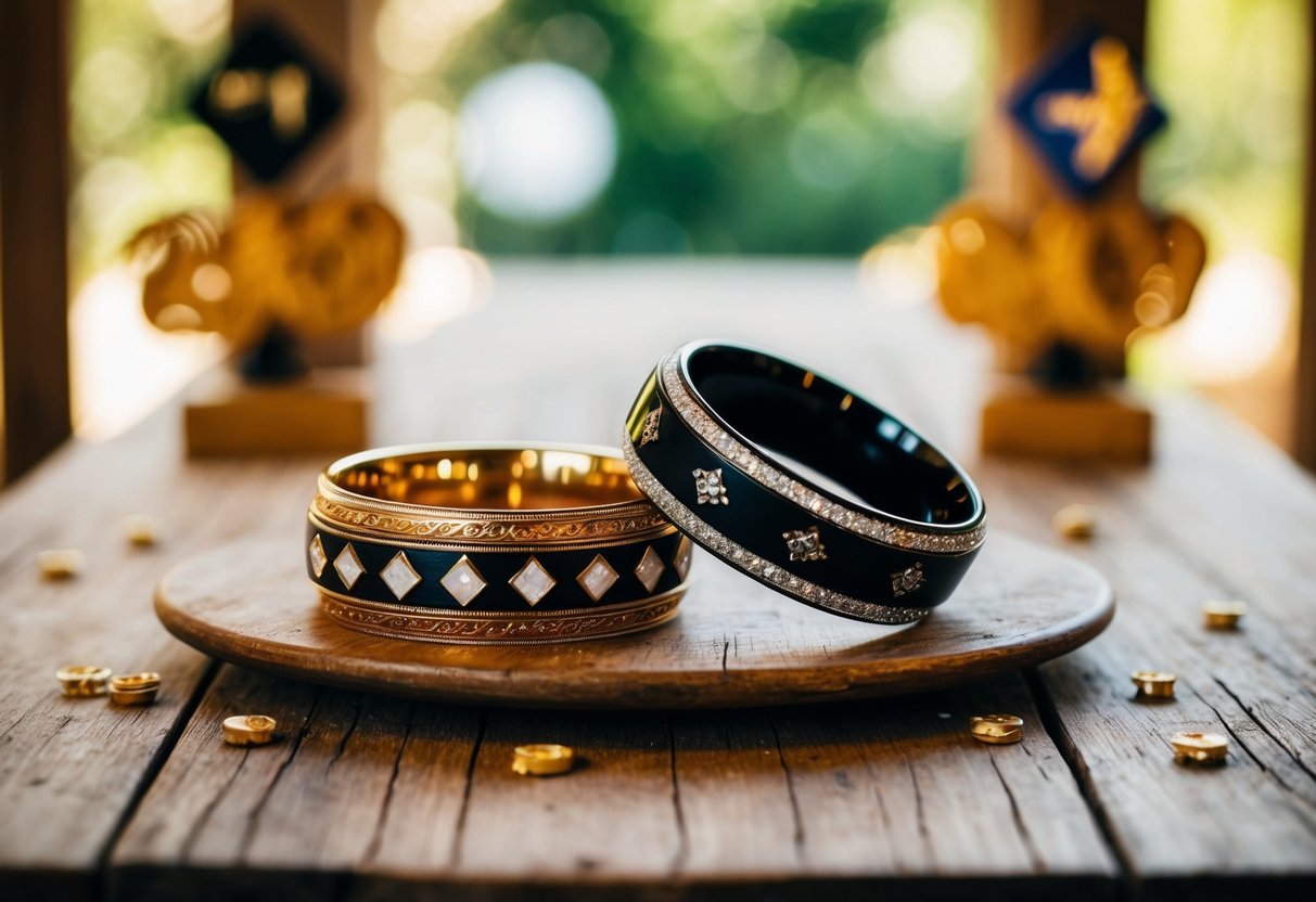A traditional and modern wedding band sit side by side on a rustic wooden table, surrounded by symbols of tradition and modernity