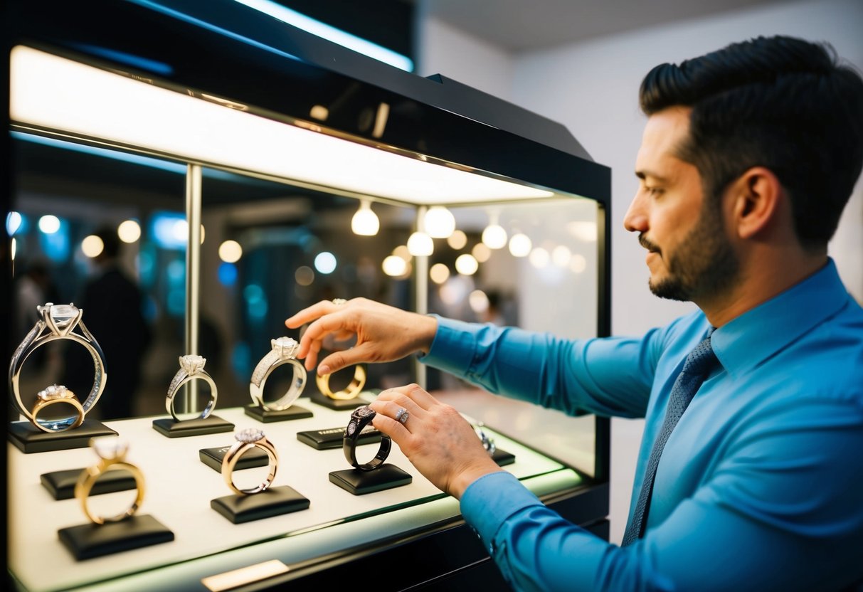 A man stands at a display case, comparing wedding rings and bands. Bright lights reflect off the polished metal, showcasing the variety of styles available