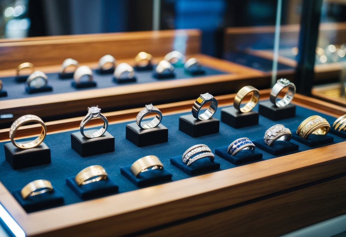 A jeweler’s display showcasing a variety of men’s wedding rings and bands in different styles and materials