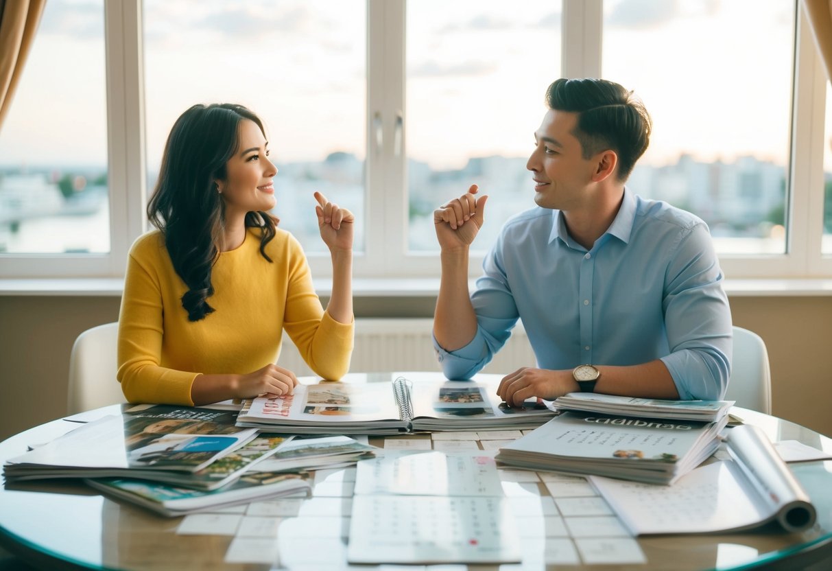 A couple sits at a table covered in wedding magazines and a calendar, debating the length of their engagement