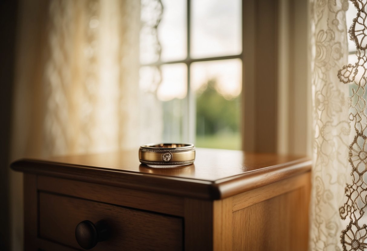A wedding band rests on a wooden nightstand, bathed in soft morning light filtering through a lace curtain