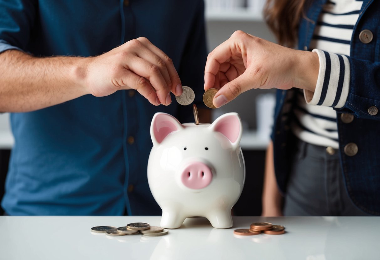 A couple placing coins into a shared piggy bank on a shelf