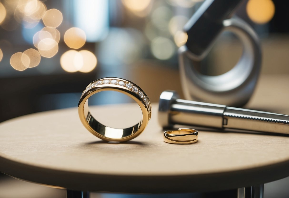 A loose wedding band sits on a table beside a jeweler's sizing tool