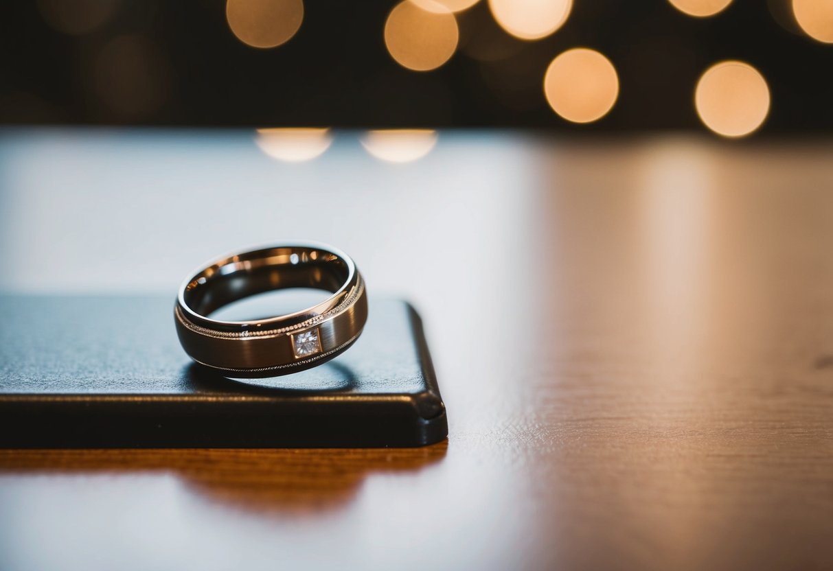 A loose wedding band slipping off a table edge