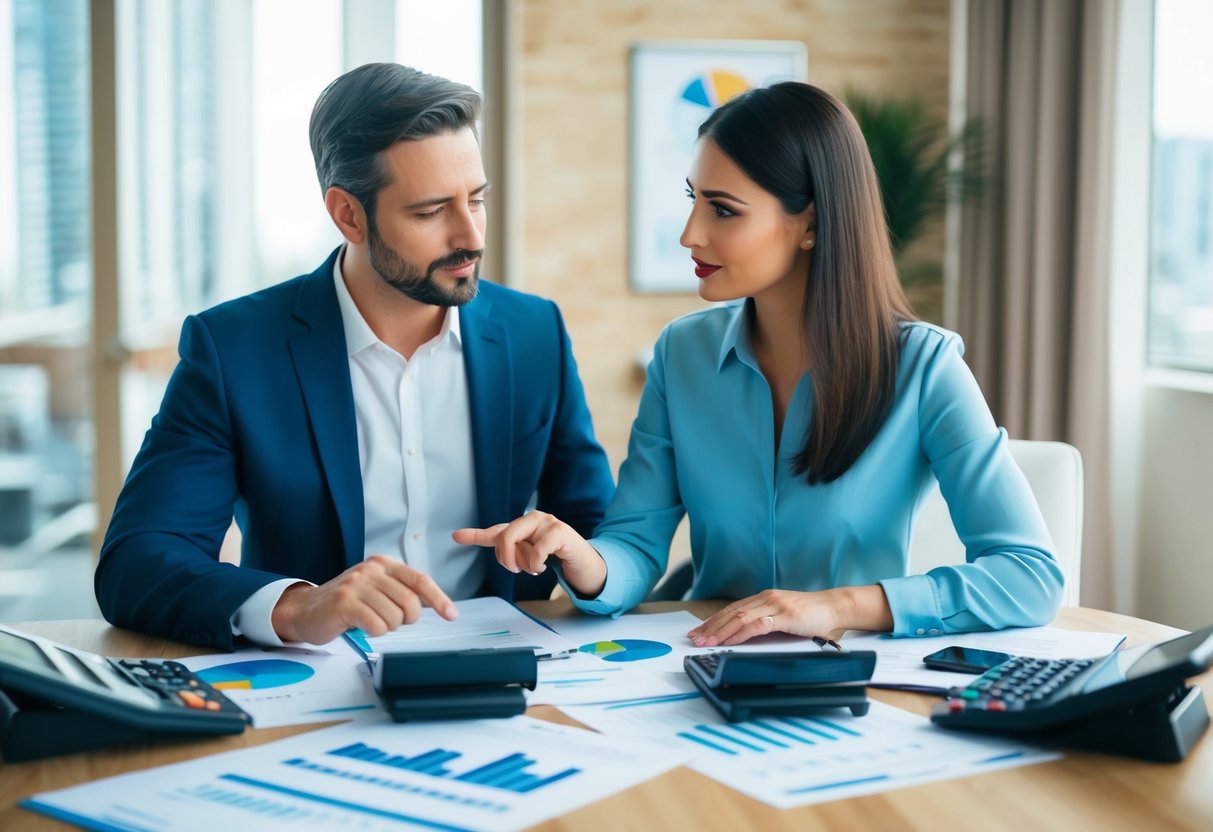 A couple discussing finances at a table, surrounded by documents, calculators, and investment charts