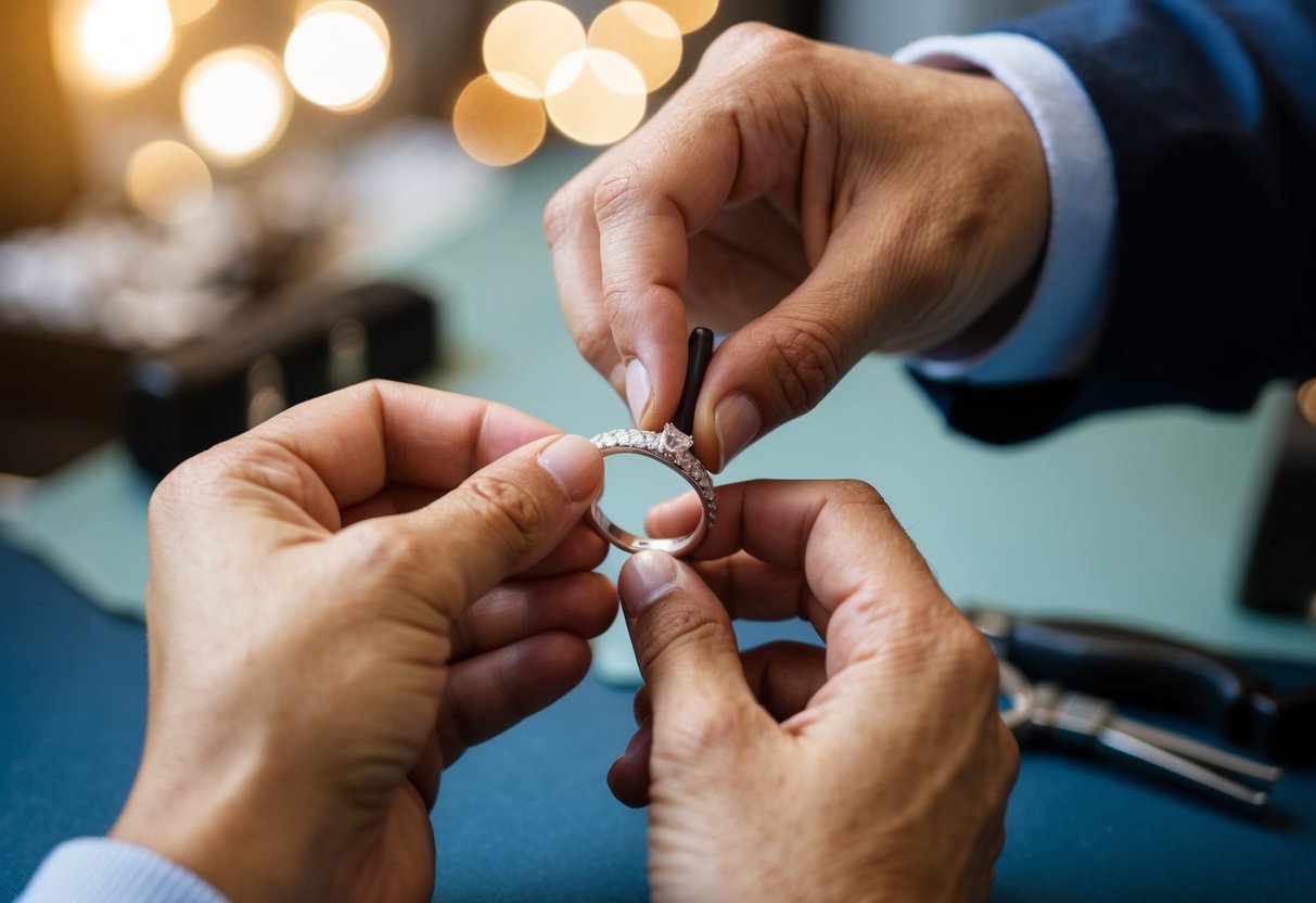 A jeweler tightening a wedding band with a small tool