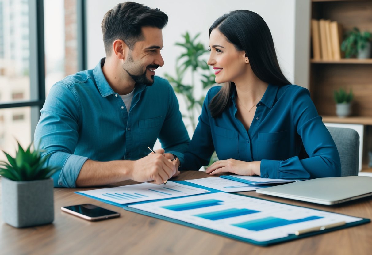 A couple sitting at a table with a budget spreadsheet, discussing finances and making plans for the future
