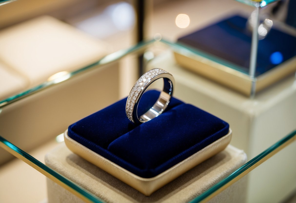 A sparkling wedding band rests on a velvet cushion in a glass display case at a jewelry store