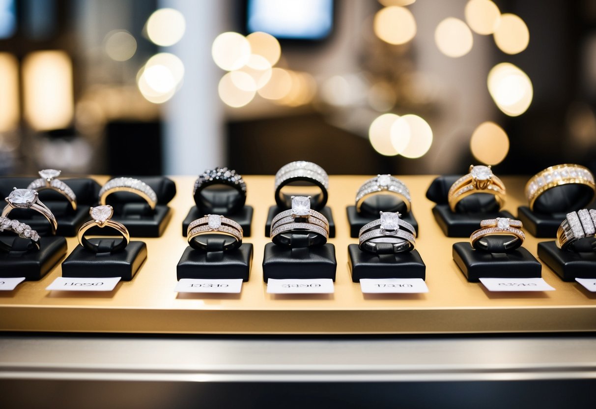 A display of wedding bands in various styles and designs, with price tags visible