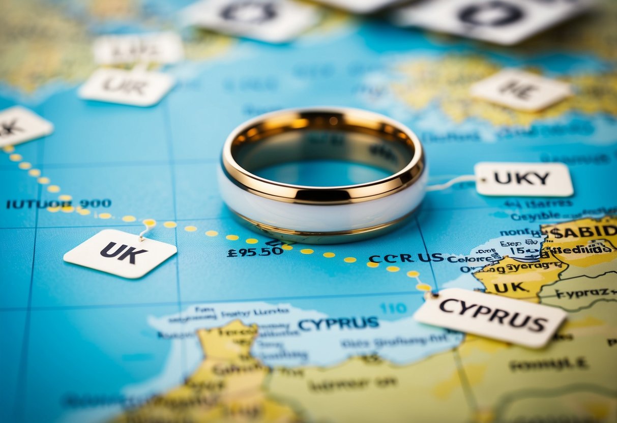 A wedding ring on a map, with a dotted line from the UK to Cyprus, surrounded by currency symbols and price tags