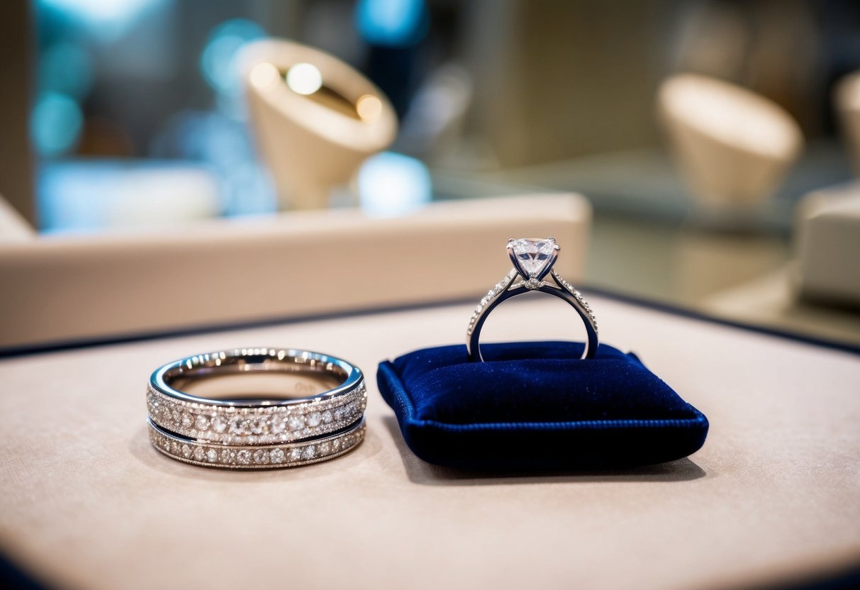 A sparkling wedding band rests beside an elegant engagement ring, both displayed on a velvet cushion in a jewelry store
