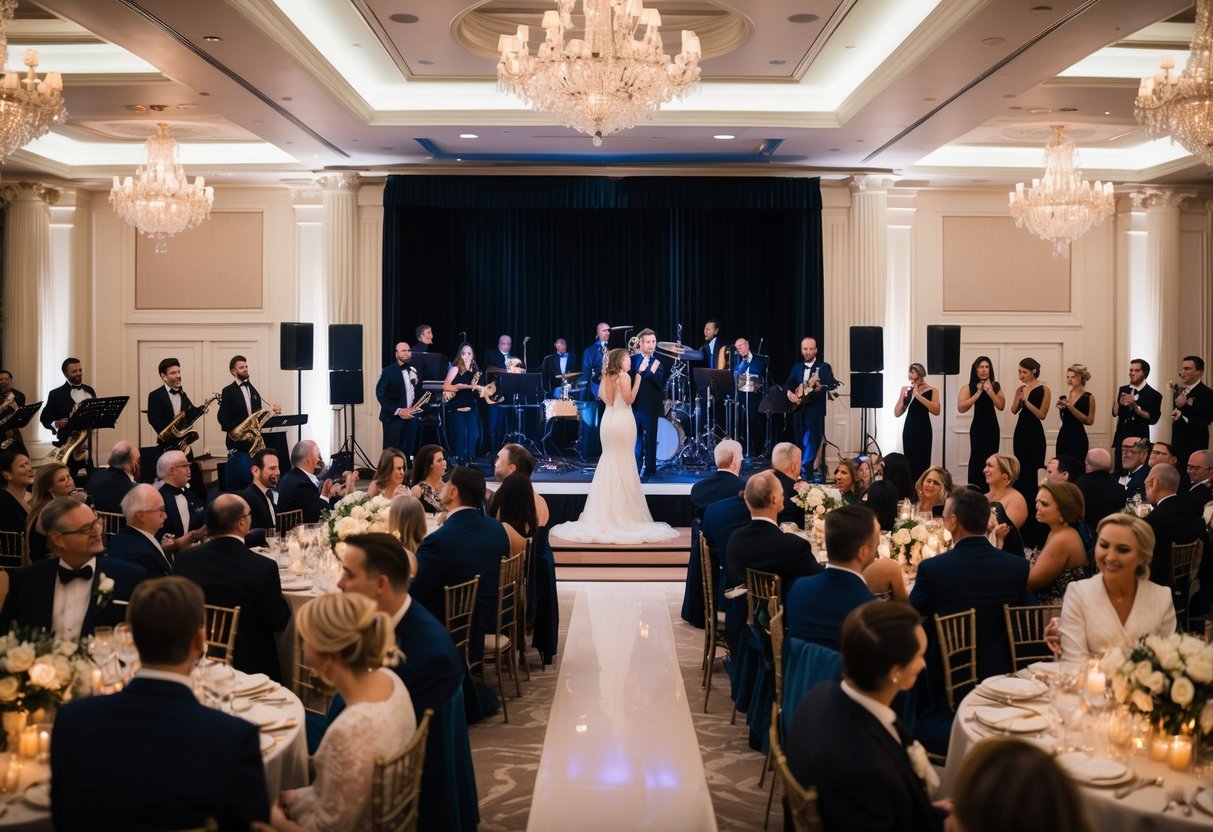 A luxurious ballroom filled with elegant decor and a stage for a live wedding music band, surrounded by sophisticated guests enjoying the lively performance