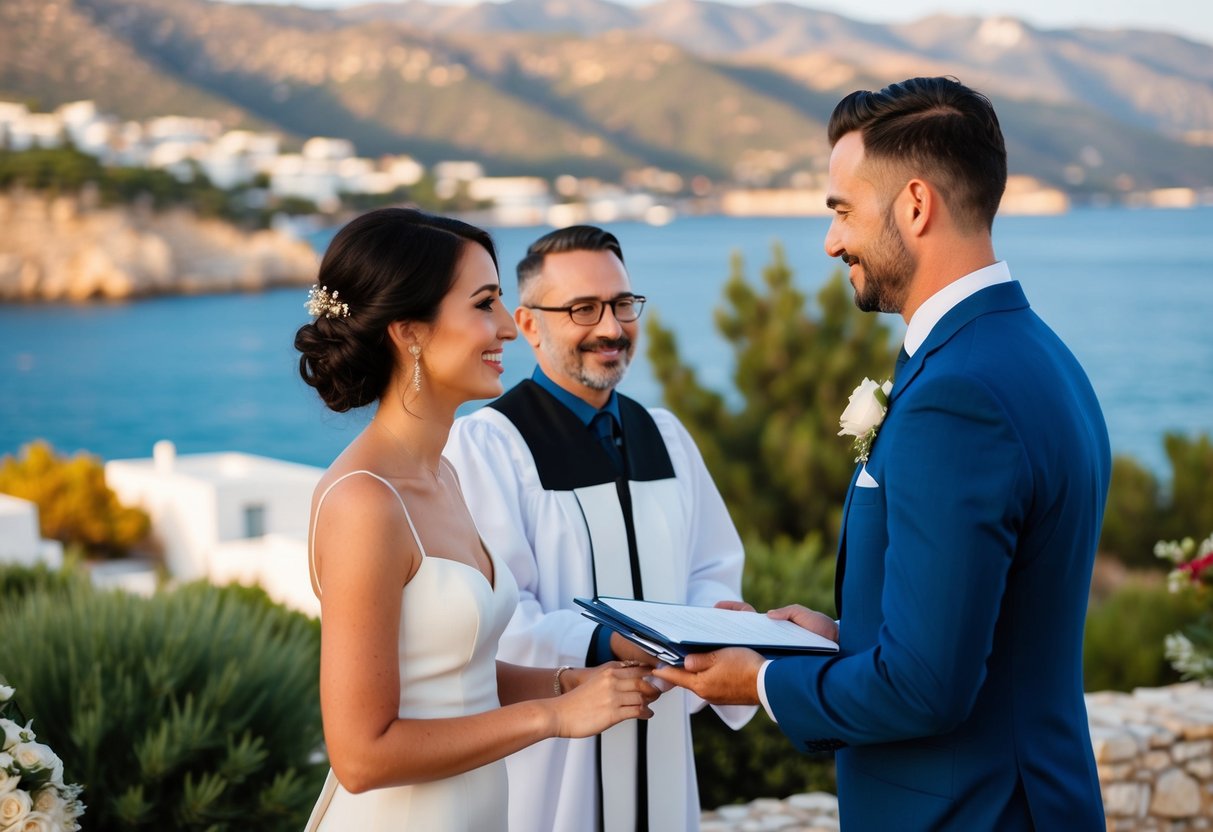A couple stands in front of a wedding officiant in Cyprus, surrounded by picturesque Mediterranean scenery. The officiant holds a stack of legal documents while the couple exchanges vows